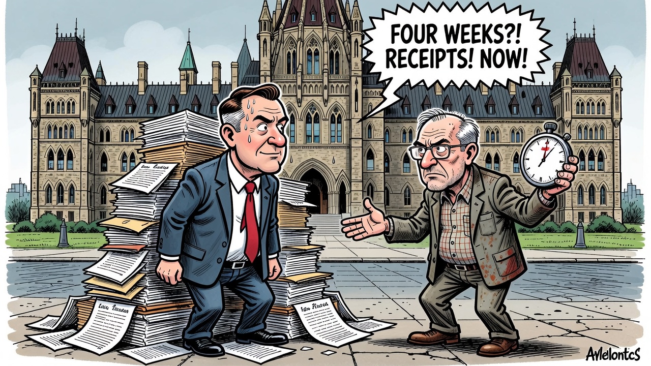 Editorial cartoon showing taxpayers holding a stopwatch while Parliament reviews 11.1 billion dollars in supplementary spending