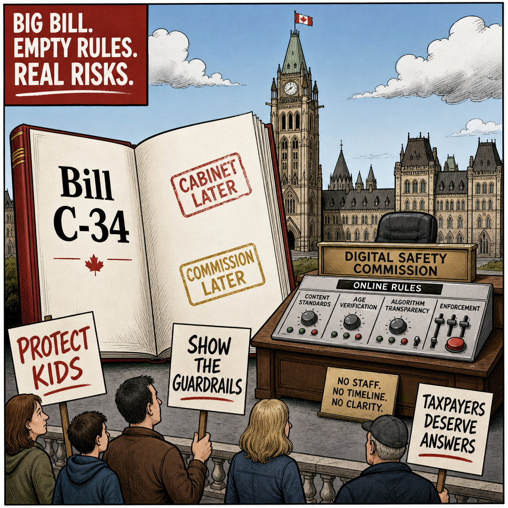 Editorial cartoon showing Bill C-34 as a mostly blank rulebook with cabinet and a future Digital Safety Commission filling in online rules later