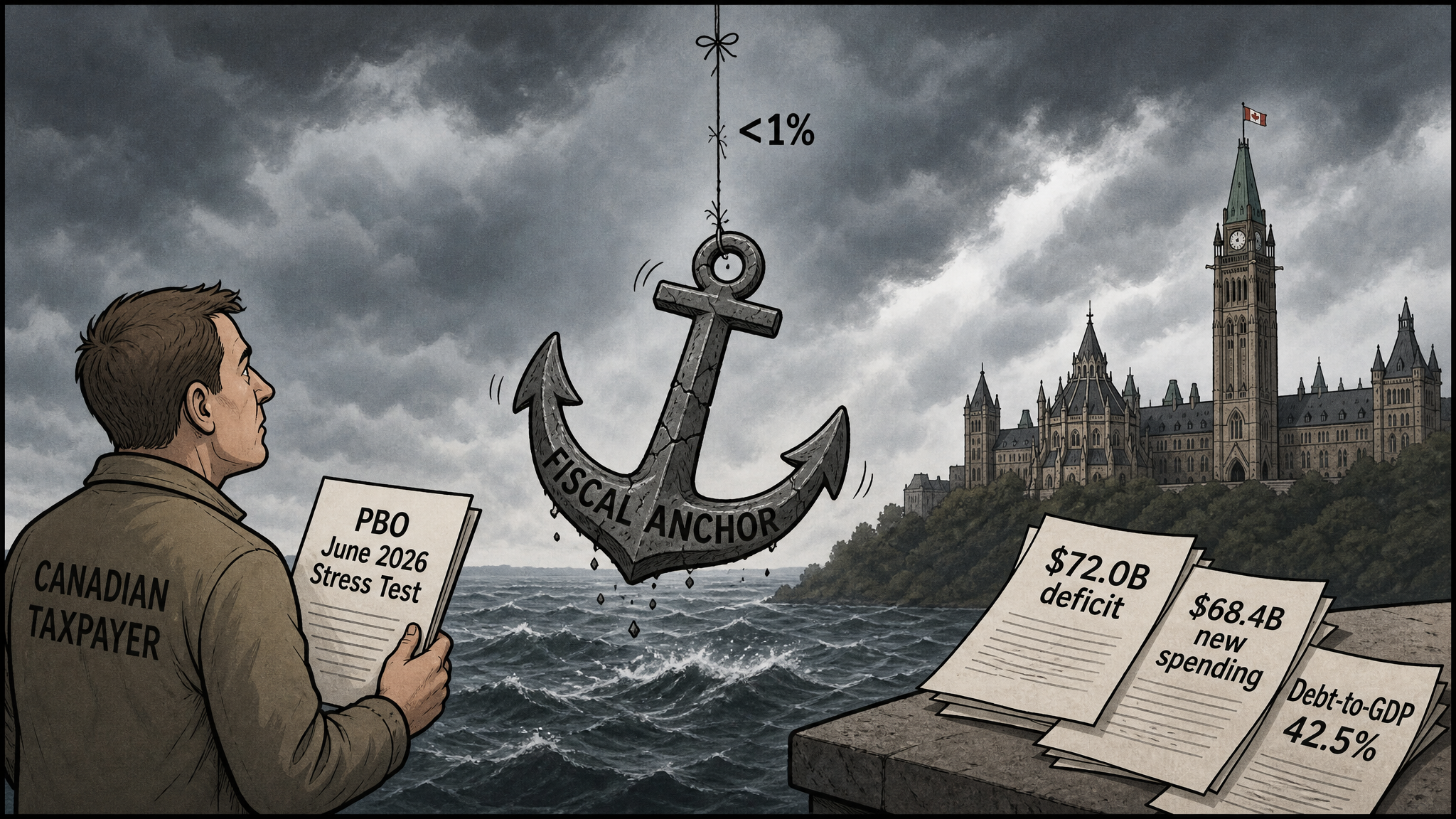Editorial cartoon showing a cracked fiscal anchor labeled less than one percent while a taxpayer reads the PBO June 2026 stress test