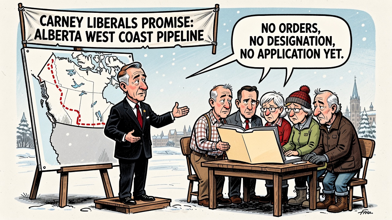 Editorial cartoon showing taxpayers inspecting an empty pipeline paperwork folder while Ottawa promises a west coast pipeline