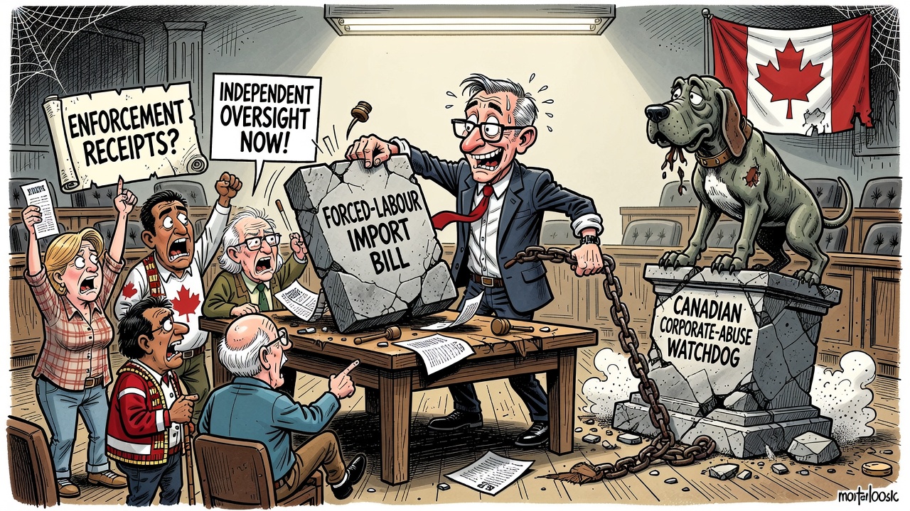 Editorial cartoon showing Mark Carney tabling a forced-labour import bill while removing the Canadian corporate-abuse watchdog
