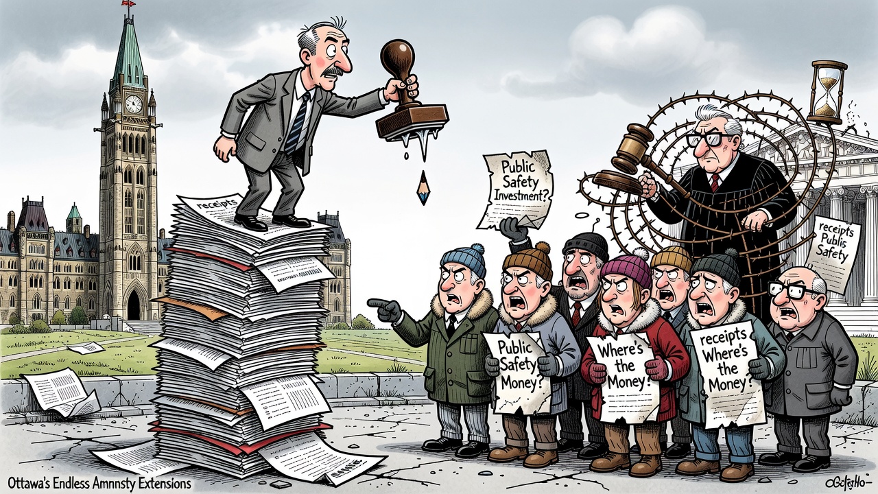 Editorial cartoon showing Ottawa extending a firearms-ban amnesty while taxpayers demand public-safety receipts and a Supreme Court timeline