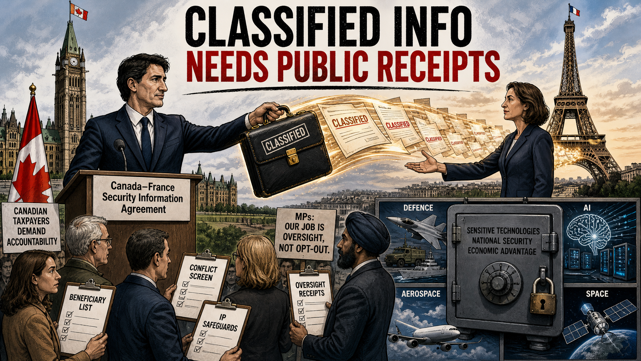 Editorial cartoon showing Canada and France exchanging classified information while taxpayers ask for public oversight receipts