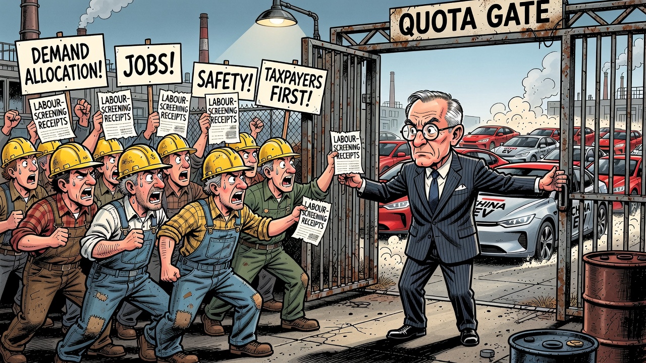 Editorial cartoon showing Mark Carney opening a quota gate for Chinese electric vehicles while Canadian auto workers and taxpayers demand allocation jobs safety and labour-screening receipts