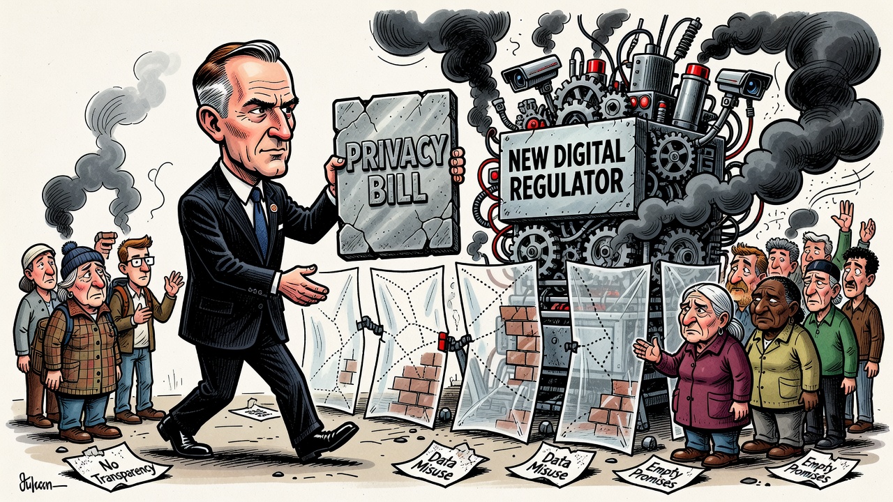 Editorial cartoon showing Ottawa creating a new digital privacy regulator while Canadians ask for privacy rights firewalls and accountability receipts