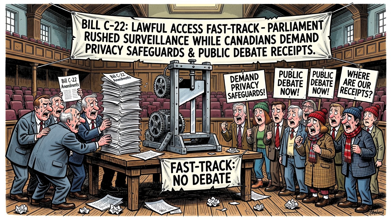 Editorial cartoon showing Bill C-22 rushed through a parliamentary stopwatch while Canadians demand privacy safeguards and public amendment receipts