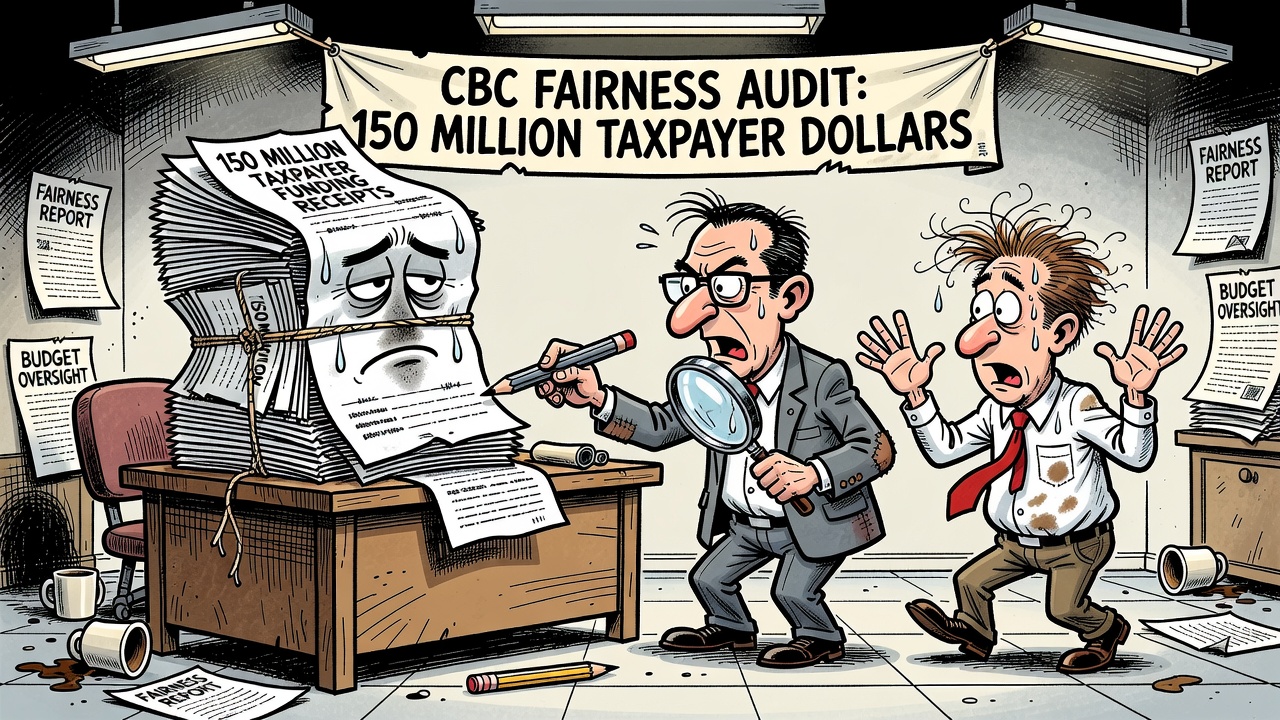 Editorial cartoon showing CBC receiving taxpayer funding while Canadians ask for fairness audits and spending receipts