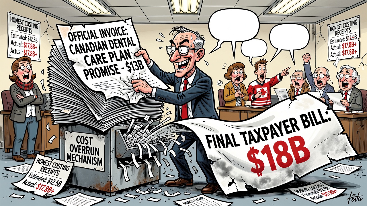 Editorial cartoon showing the Canadian Dental Care Plan as a $13B promise invoice growing into an $18B taxpayer bill