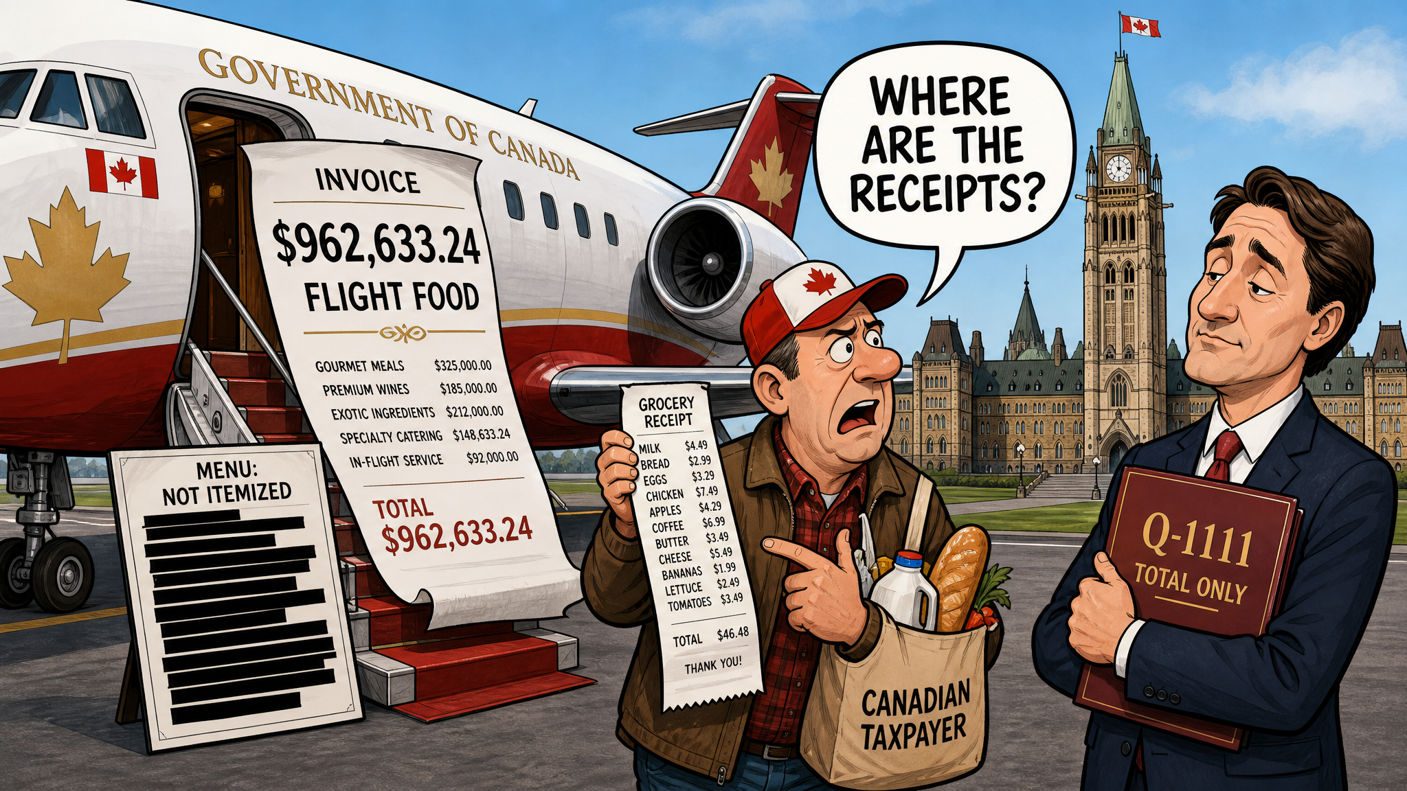 Editorial cartoon showing a Canadian VIP jet with a $962,633.24 flight-food invoice while a taxpayer asks for itemized menu receipts