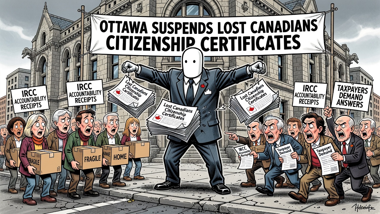 Editorial cartoon showing Ottawa suspending Lost Canadians citizenship certificates while affected families hold moving boxes and ask for IRCC accountability receipts