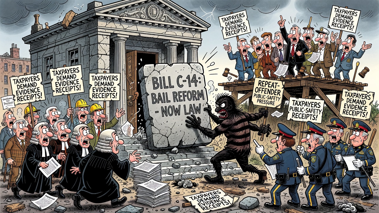 Editorial cartoon showing Bill C-14 bail reform becoming law while taxpayers demand repeat-offender public-safety receipts