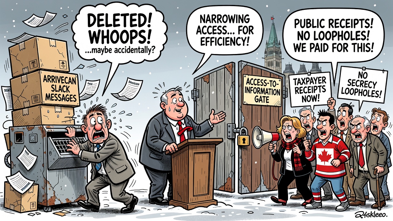 Editorial cartoon showing ArriveCAN Slack messages disappearing while a taxpayer demands access-to-information records and no secrecy loopholes