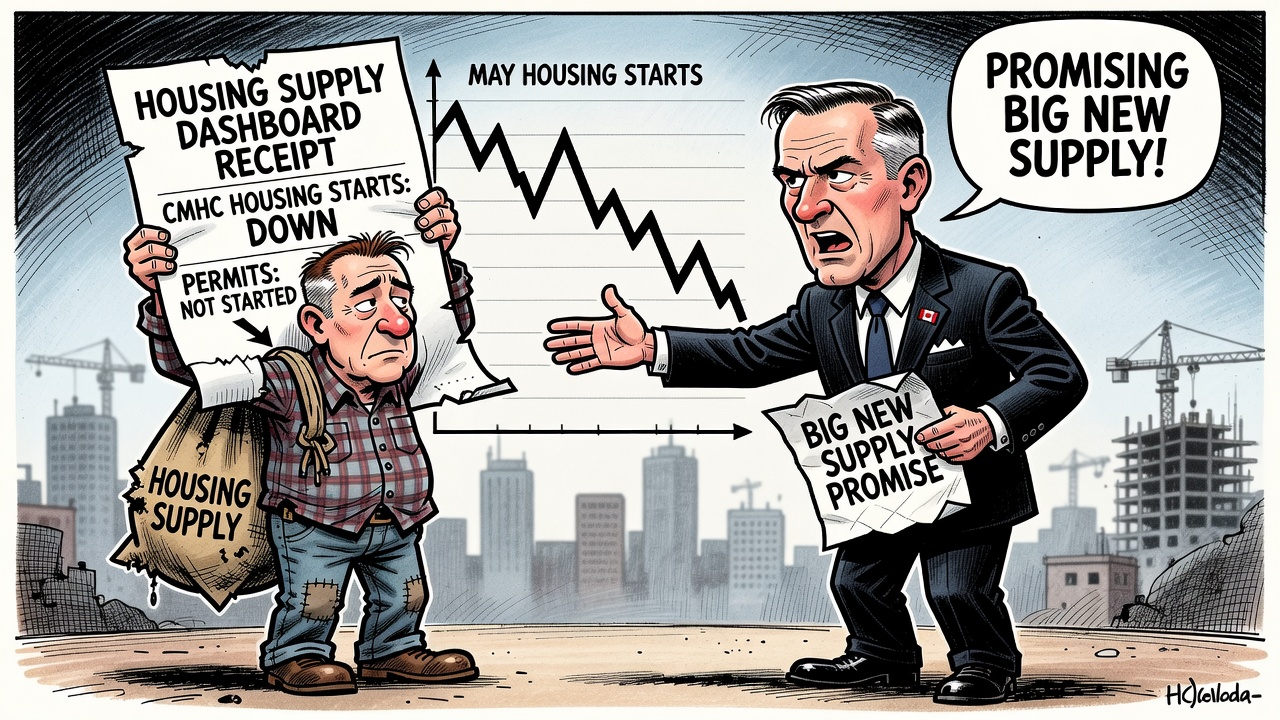 Editorial cartoon showing CMHC May housing starts falling while taxpayers ask Mark Carney for a public housing supply dashboard