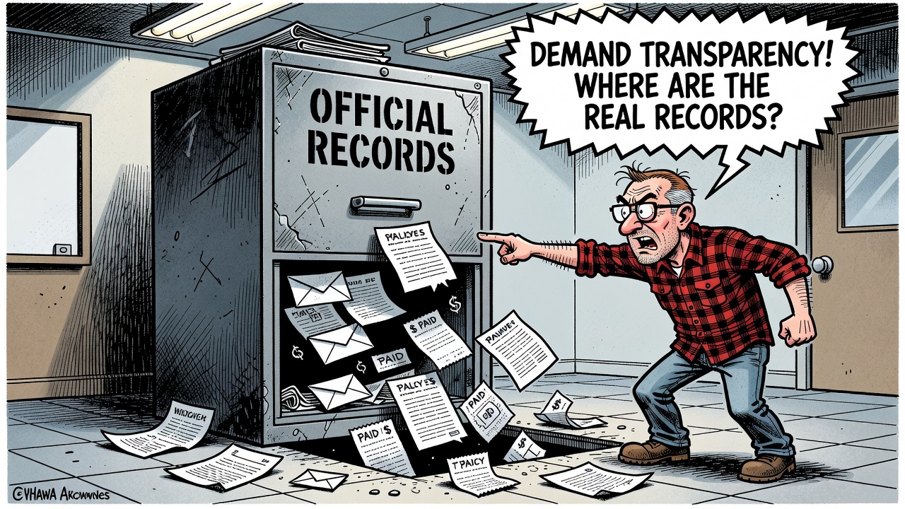 Editorial cartoon showing Ottawa narrowing access to information to official records while emails chats and taxpayer receipts fall through a loophole