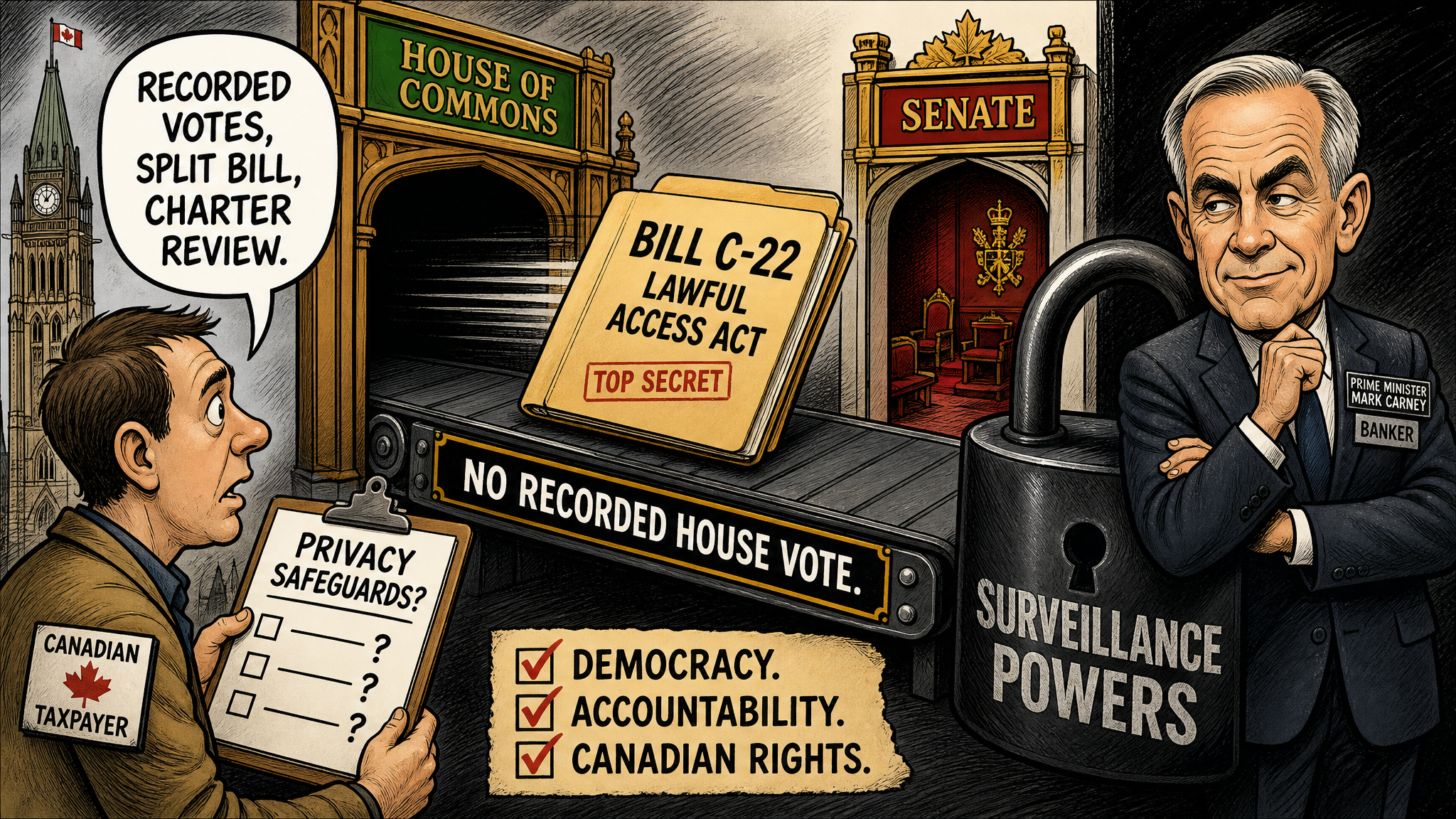 Editorial cartoon showing Bill C-22 moving from the House to the Senate without a recorded House vote while taxpayers demand privacy safeguards