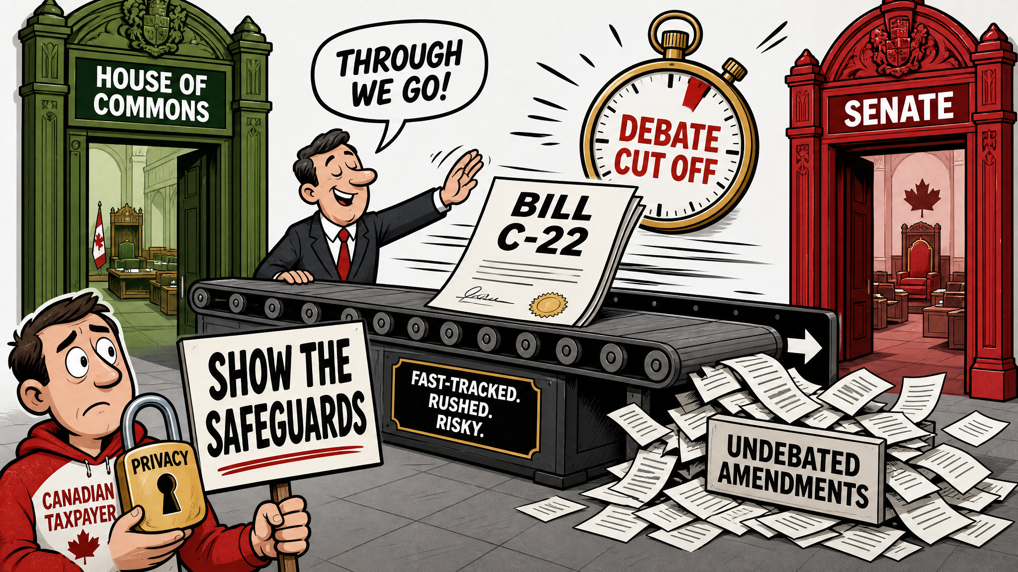 Editorial cartoon showing Bill C-22 rushed from the House to the Senate while a taxpayer demands privacy safeguards and public amendments
