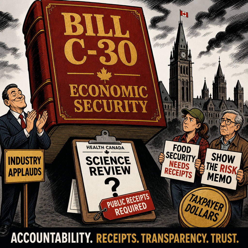 Editorial cartoon showing Bill C-30 economic-security language pressing down on a pesticide science review while Canadians demand risk memos and public receipts