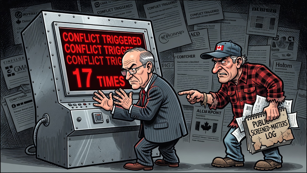Editorial cartoon showing Mark Carney's conflict-of-interest screen ringing 17 times while a taxpayer asks for a public log and receipts