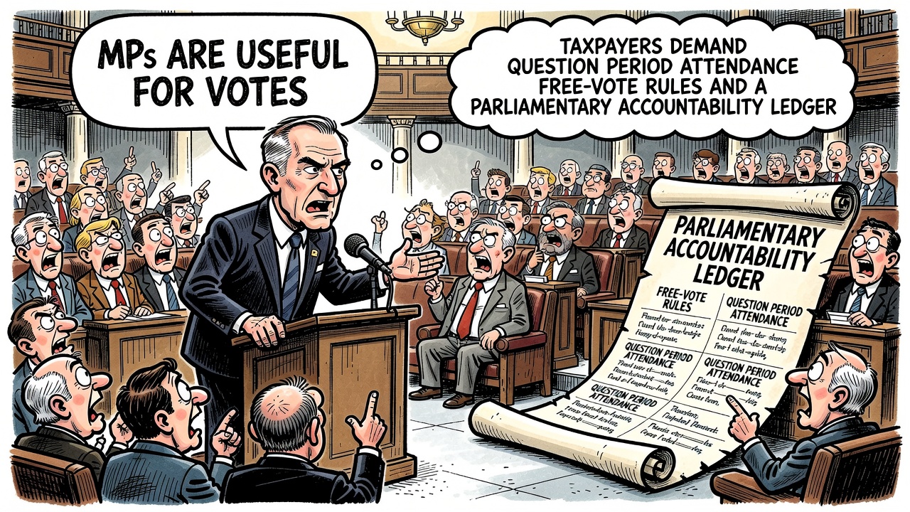 Editorial cartoon showing Mark Carney near a hot mic while MPs are reduced to vote tokens and taxpayers demand a parliamentary accountability ledger