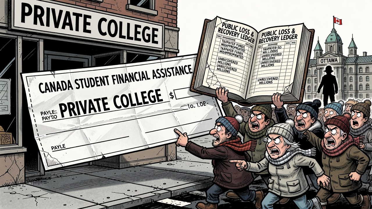 Editorial cartoon showing a giant student-aid cheque, a questionable school storefront and taxpayers demanding a public fraud loss ledger from Ottawa