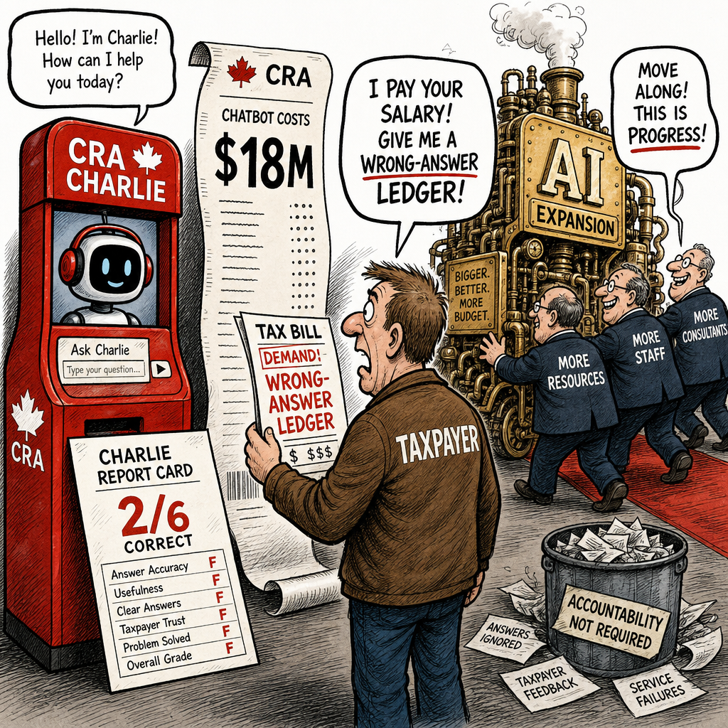 Editorial cartoon showing CRA chatbot Charlie beside an $18 million receipt and a 2 of 6 accuracy report card while a taxpayer demands a wrong-answer ledger