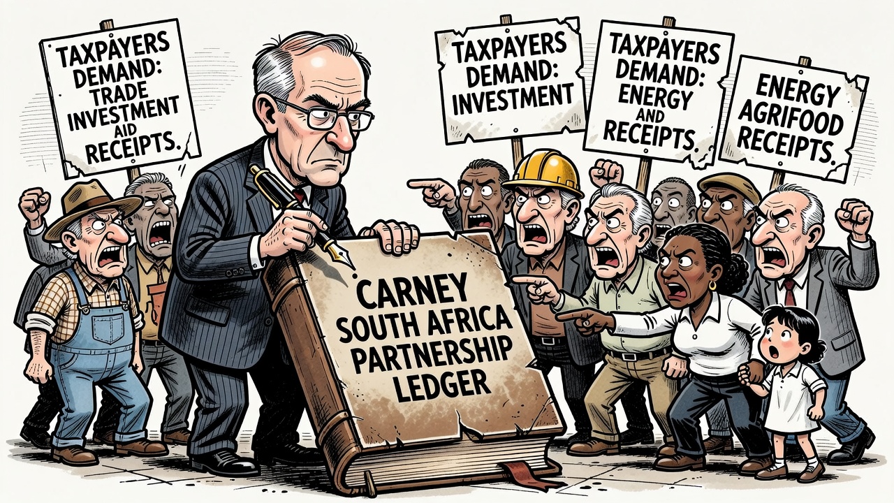 Editorial cartoon showing Prime Minister Mark Carney holding a vague South Africa partnership folder while taxpayers demand trade investment energy agrifood and aid receipts