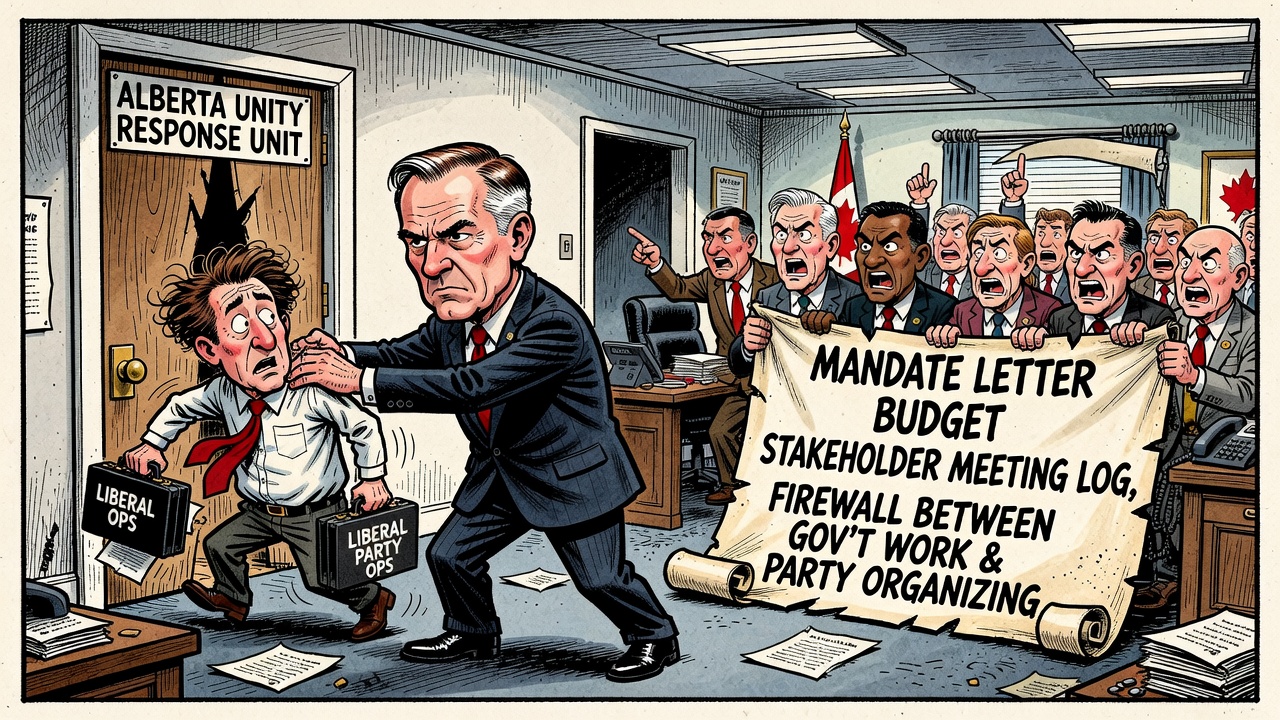 Editorial cartoon showing Mark Carney hiring a Liberal organizer inside the PMO while taxpayers demand an Alberta unity mandate letter, budget, meeting log and party-government firewall