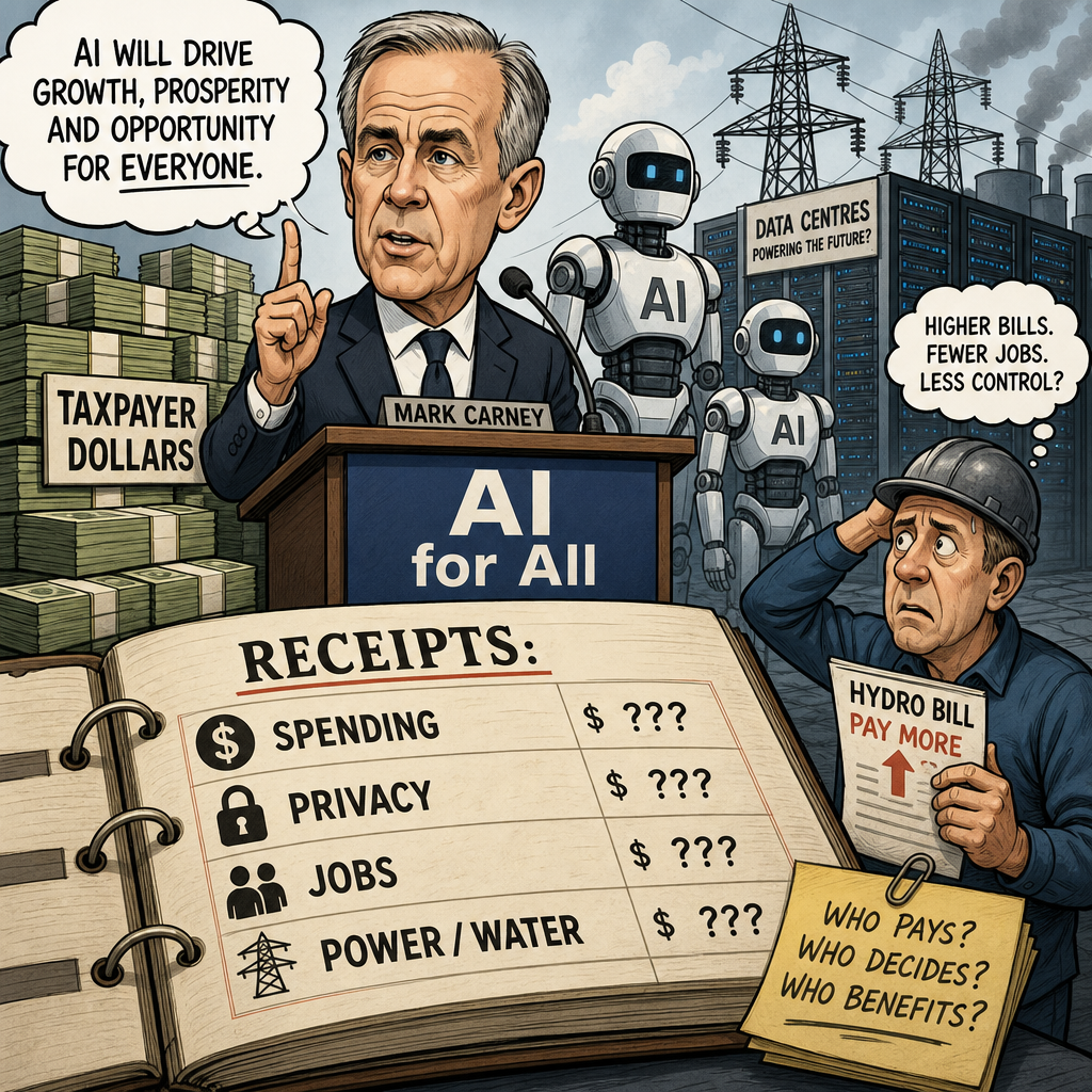 Editorial cartoon showing Mark Carney launching AI for All while taxpayers demand spending privacy jobs and data-centre receipts