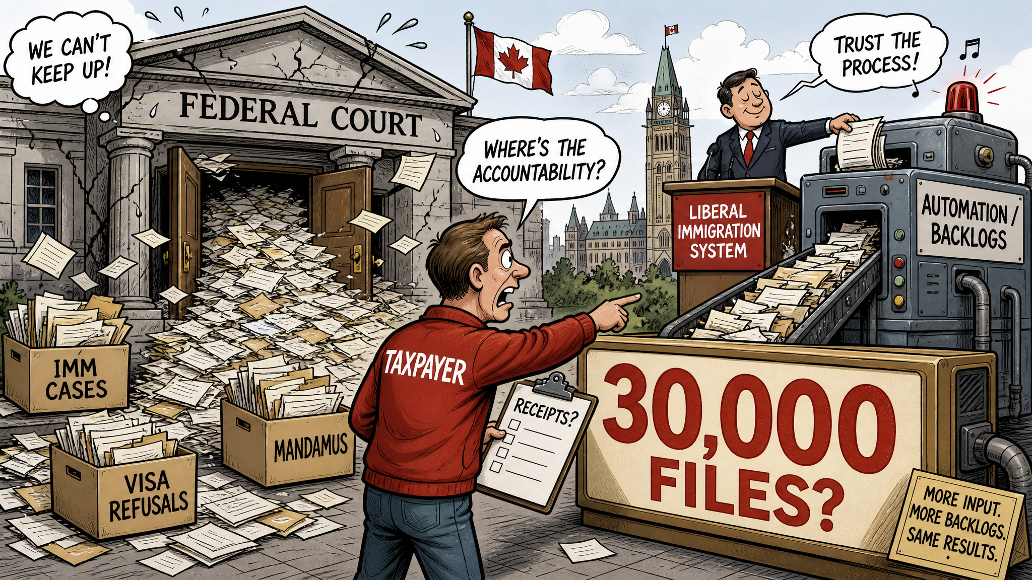 Editorial cartoon showing Federal Court overwhelmed by immigration case files while taxpayers demand backlog and automation receipts