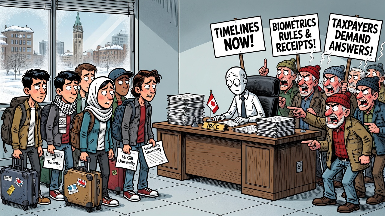 Editorial cartoon showing Gazan students with Canadian university acceptance letters waiting beside a silent IRCC processing desk while taxpayers ask for timeline and security-screen receipts