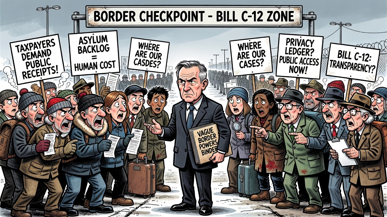 Editorial cartoon showing Mark Carney at a border checkpoint with Bill C-12 powers while taxpayers ask for asylum backlog, privacy and Charter-risk receipts