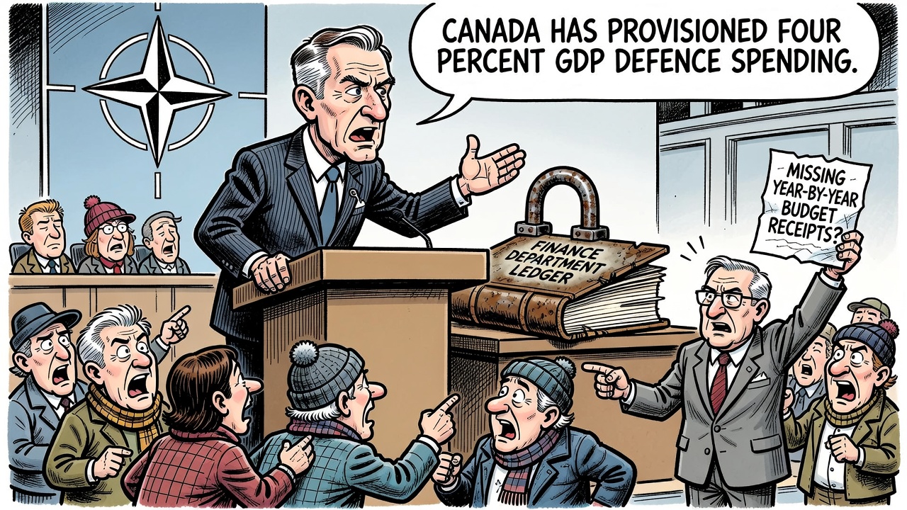Editorial cartoon showing Mark Carney at a NATO podium while taxpayers and the Parliamentary Budget Officer ask for the missing defence-spending receipts