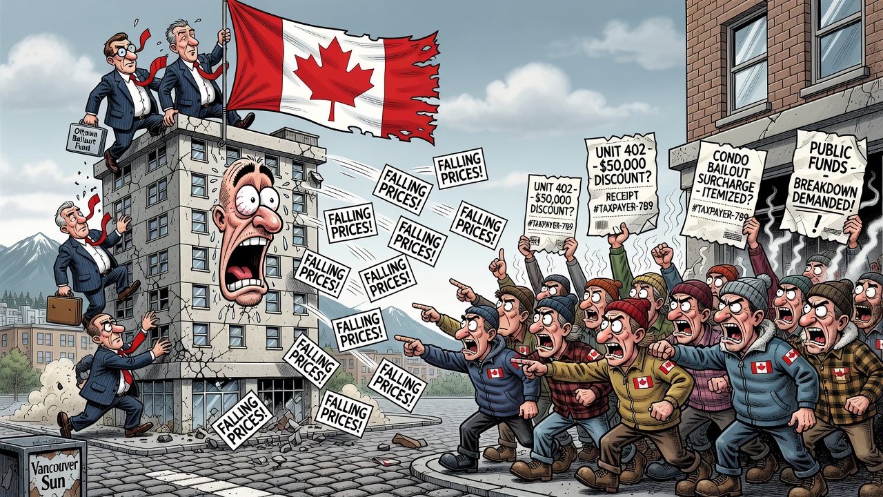 Editorial cartoon showing taxpayers asked to catch falling Vancouver condo prices while developers and government officials avoid publishing a unit-by-unit discount ledger