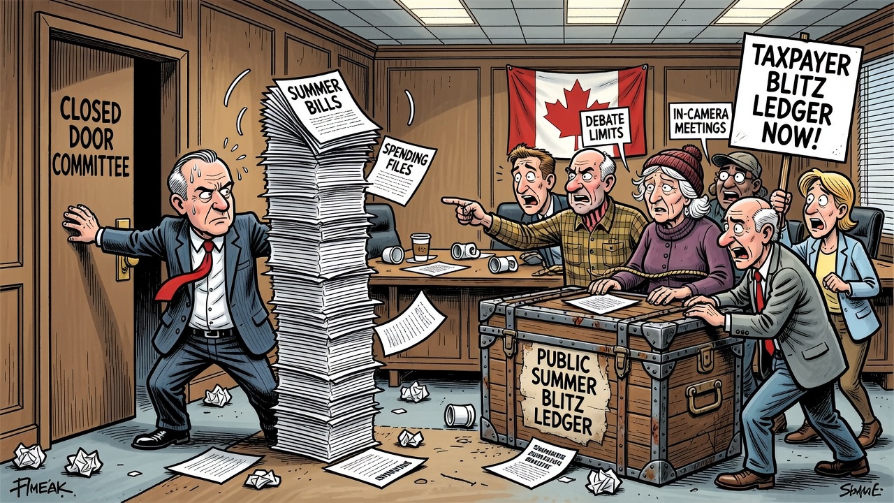 Editorial cartoon showing a summer legislative blitz with bills rushed past closed committee doors while taxpayers demand public receipts