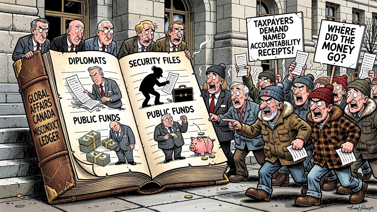Editorial cartoon showing Global Affairs Canada files, diplomatic badges and taxpayers demanding a misconduct fix-it ledger