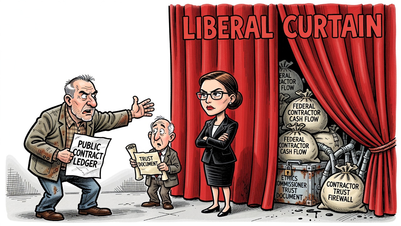 Editorial cartoon showing a Liberal MP contractor trust firewall while a taxpayer demands the federal contract ledger