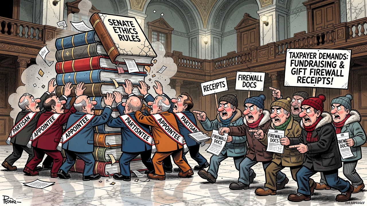 Editorial cartoon showing Senate ethics rules being adjusted while a taxpayer asks for fundraising and gift firewall receipts