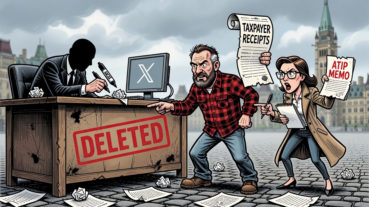 Editorial cartoon showing Women and Gender Equality Canada leaving X while a reporter and taxpayer demand transparency receipts