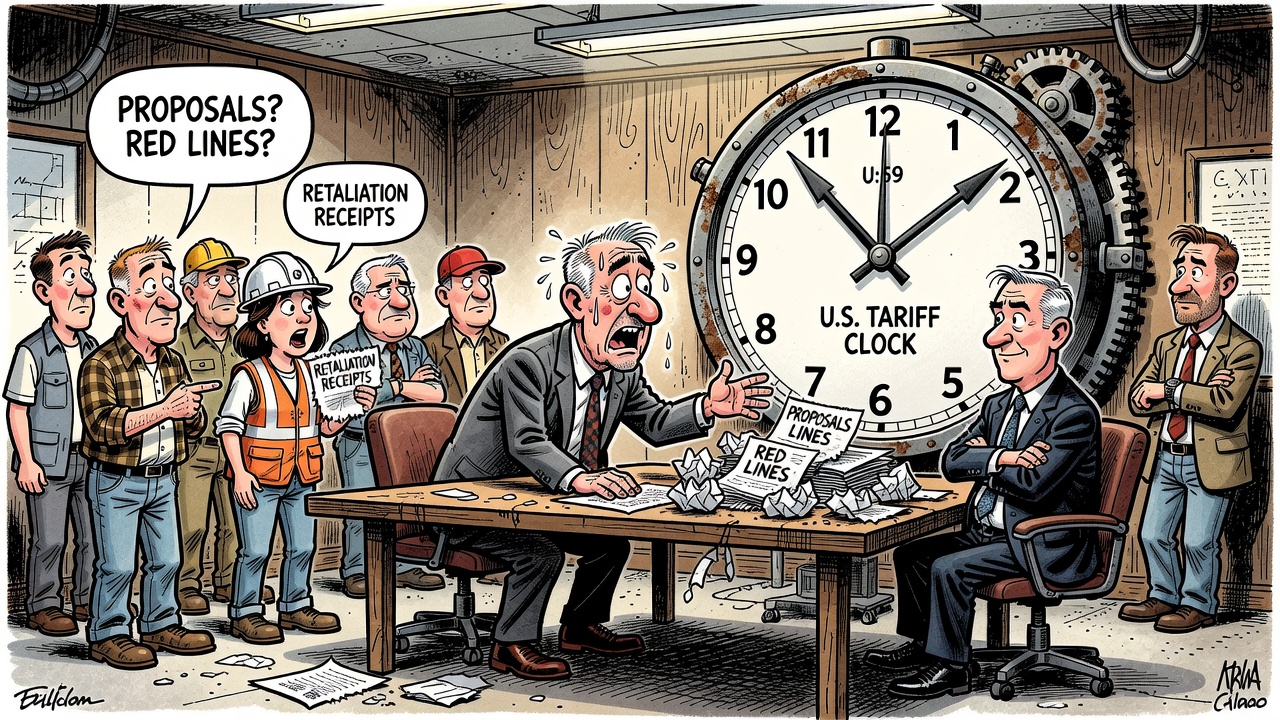 Editorial cartoon showing Carney at a CUSMA negotiating table while a tariff clock ticks and workers demand trade receipts