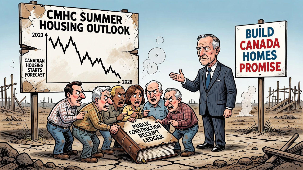 Editorial cartoon showing CMHC housing-starts forecasts falling while taxpayers demand a Build Canada Homes construction receipt ledger