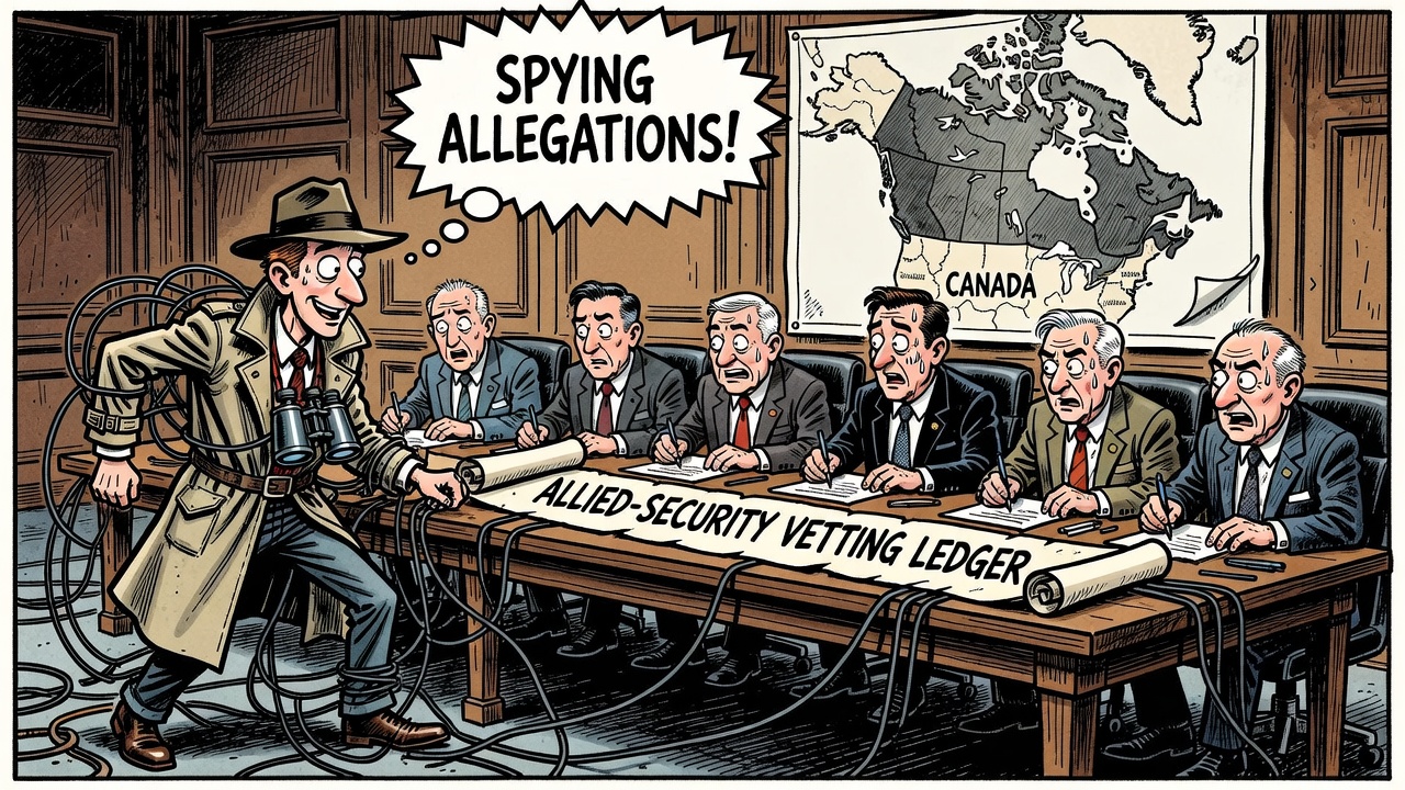 Editorial cartoon showing a NATO security checkpoint while taxpayers demand a Canadian allied-security vetting ledger