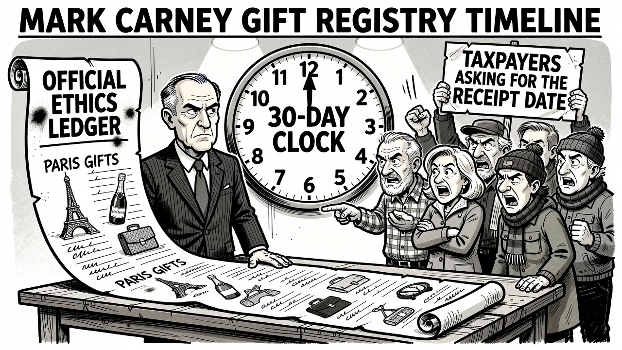Editorial cartoon showing Mark Carney’s gift registry timeline with a 30-day clock and taxpayers asking for public receipts