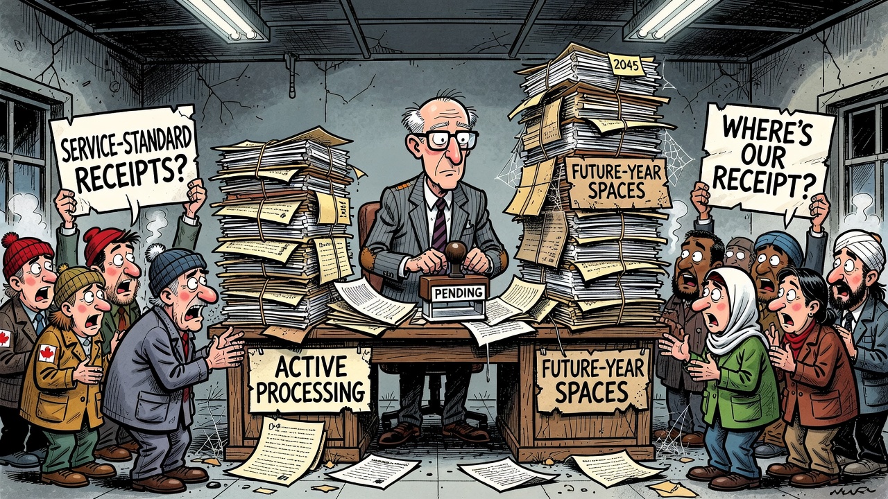 Editorial cartoon showing IRCC permanent residence files split between active processing and future waitlists while taxpayers ask for service-standard receipts