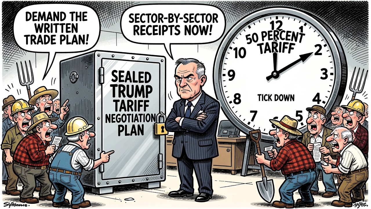 Editorial cartoon showing Prime Minister Mark Carney guarding a sealed Trump tariff negotiation plan while workers and taxpayers watch a 50 percent tariff clock tick down