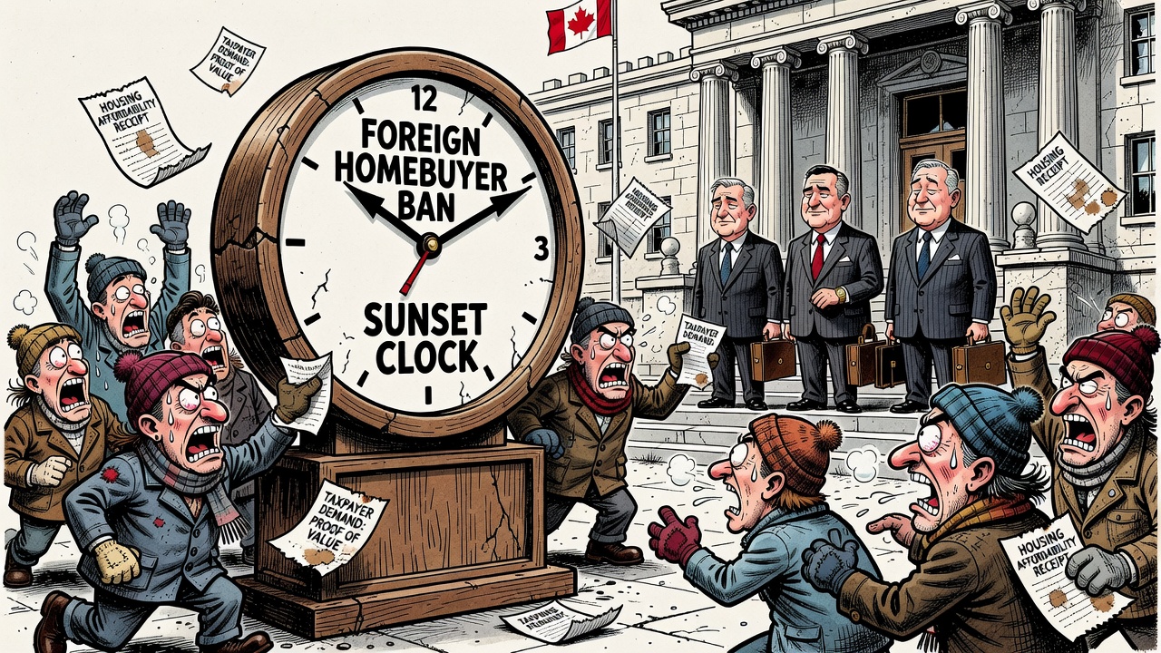 Editorial cartoon showing a foreign homebuyer ban sunset clock while taxpayers demand housing affordability receipts