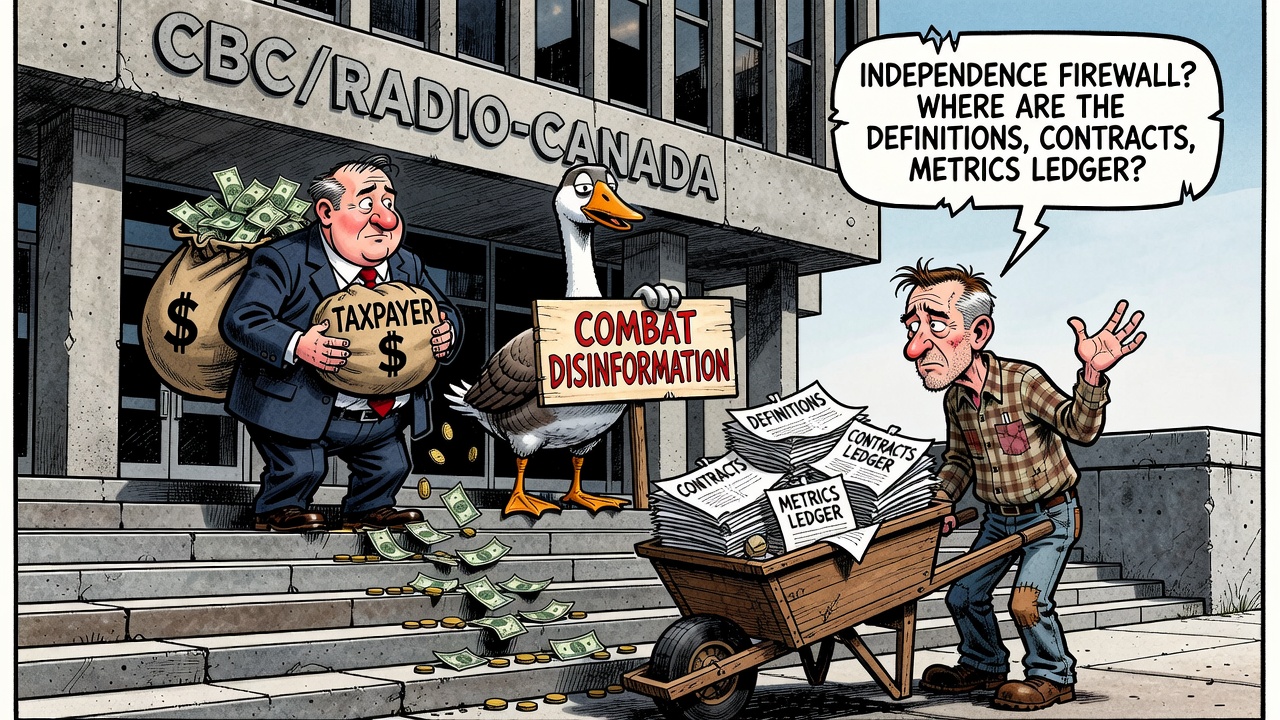 Editorial cartoon showing CBC/Radio-Canada funding for combating disinformation while a taxpayer demands an independence and metrics ledger