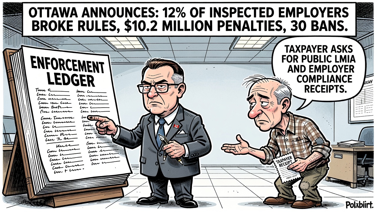 Editorial cartoon showing Ottawa’s Temporary Foreign Worker Program enforcement ledger while taxpayers ask for LMIA and employer compliance receipts