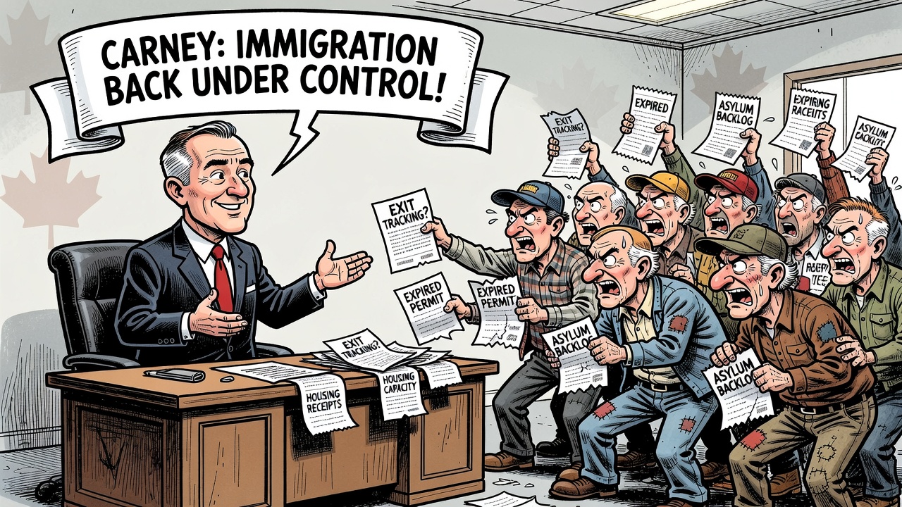 Editorial cartoon showing Mark Carney claiming immigration is under control while taxpayers demand exit tracking, expired permit and housing capacity receipts