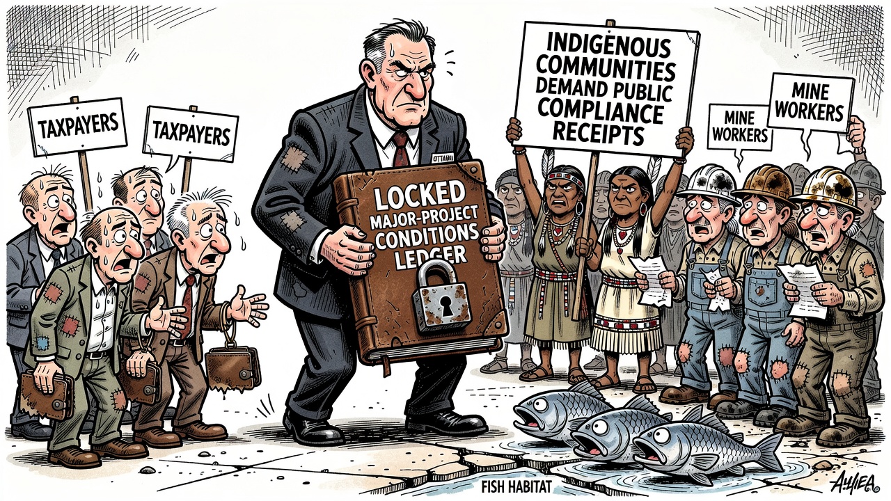 Editorial cartoon showing the Crawford Nickel mine approval while taxpayers, Indigenous communities, workers and environmental monitors demand a public conditions ledger