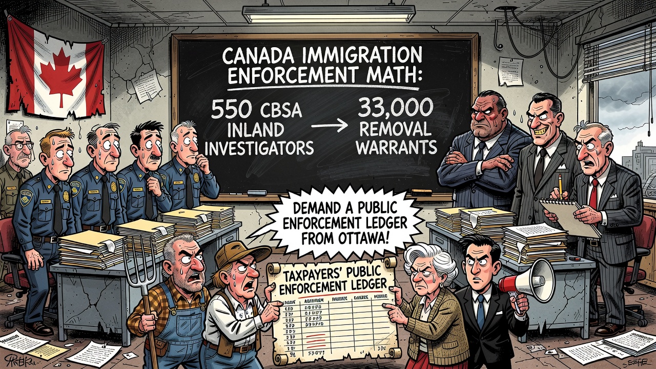 Editorial cartoon showing CBSA investigators facing a mountain of immigration removal warrants while organized crime calculates the odds and taxpayers demand a public ledger